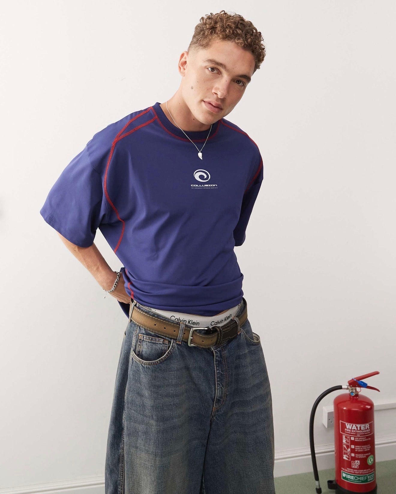 COLLUSION Sports contrast stitch logo tee in blue