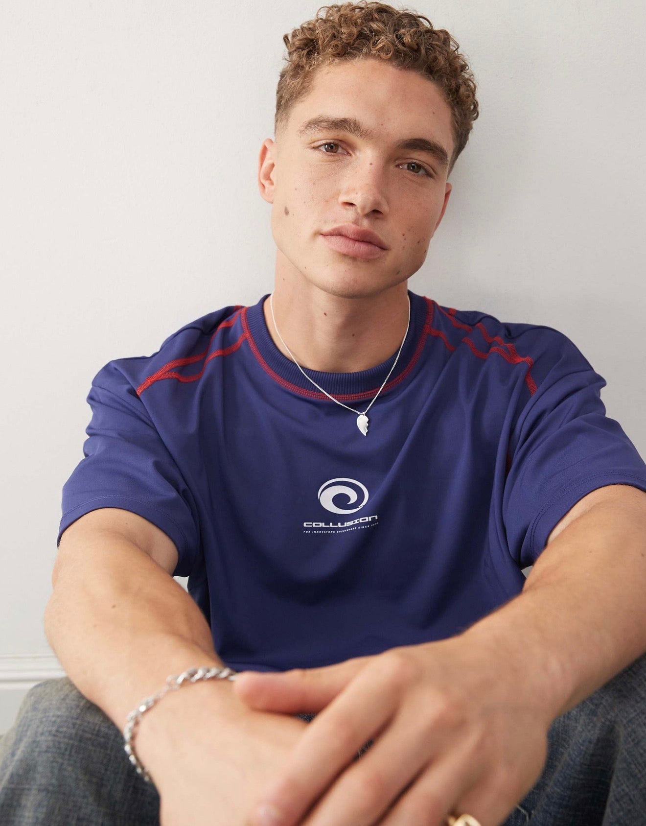 COLLUSION Sports contrast stitch logo tee in blue
