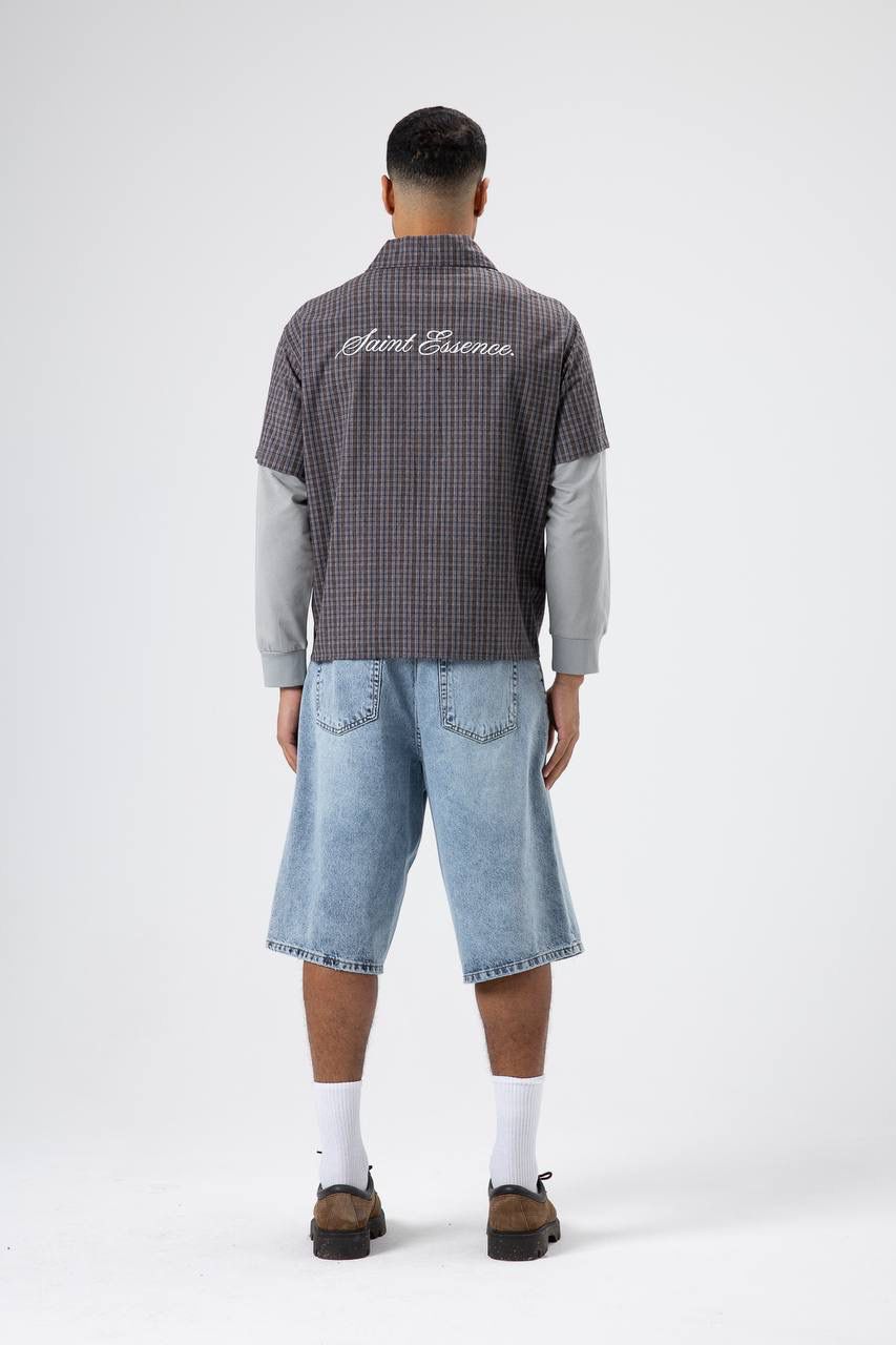 DARK BROWN CHECKERED SHORT-SLEEVE SHIRT