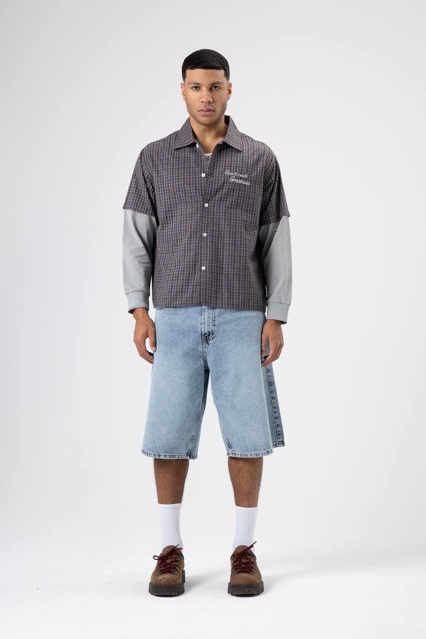 DARK BROWN CHECKERED SHORT-SLEEVE SHIRT