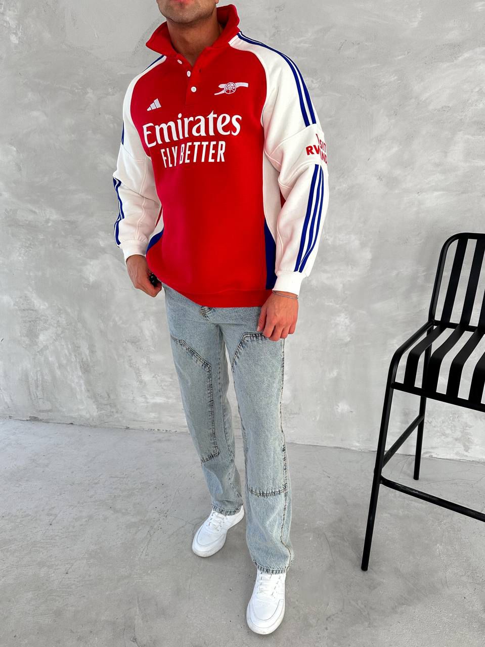 RED & WHITE POLO COLLAR SWEATSHIRT