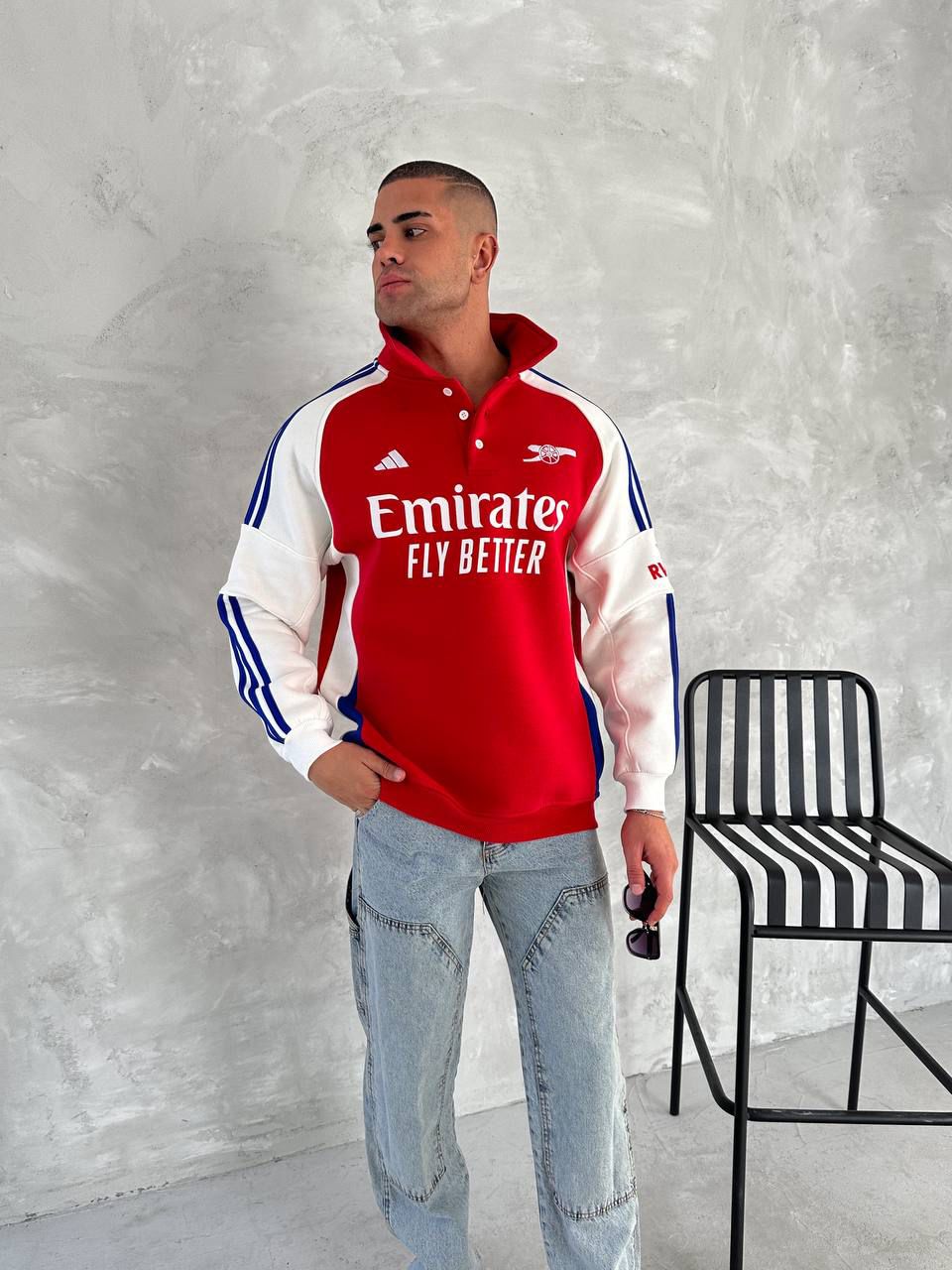 RED & WHITE POLO COLLAR SWEATSHIRT