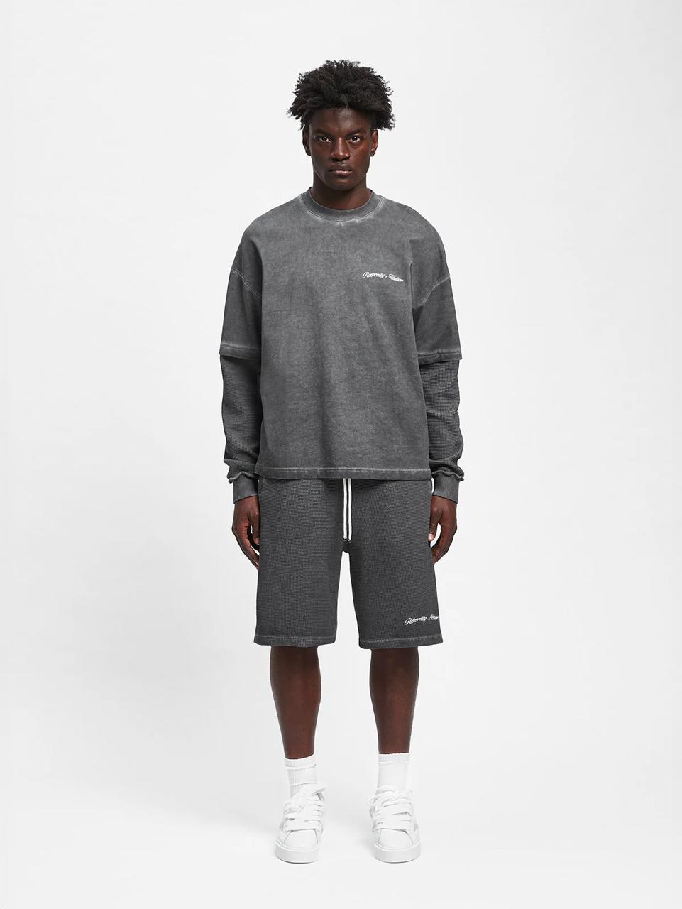 WASHED GREY KNIT-SLEEVE SWEATSHIRT