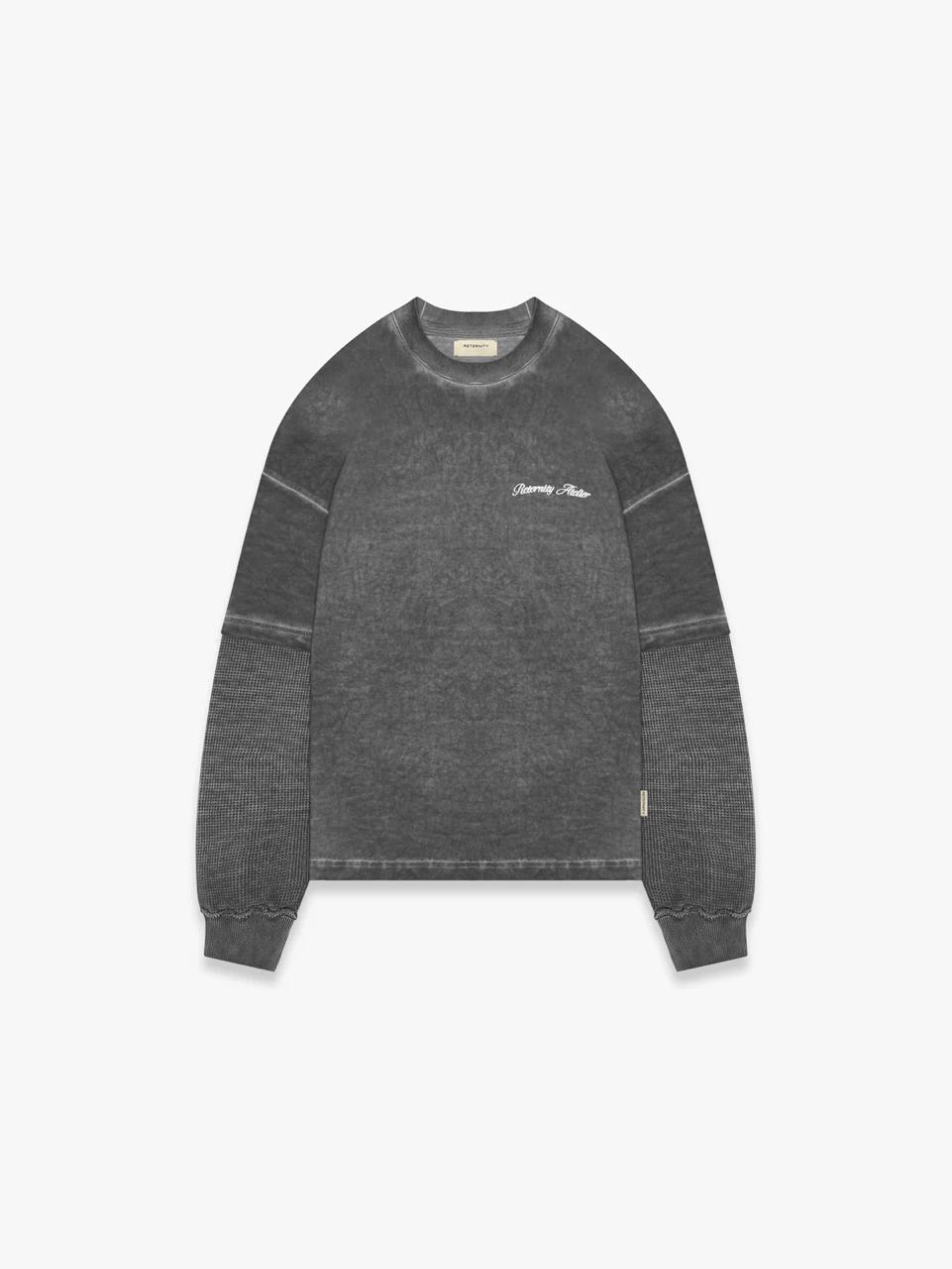 WASHED GREY KNIT-SLEEVE SWEATSHIRT