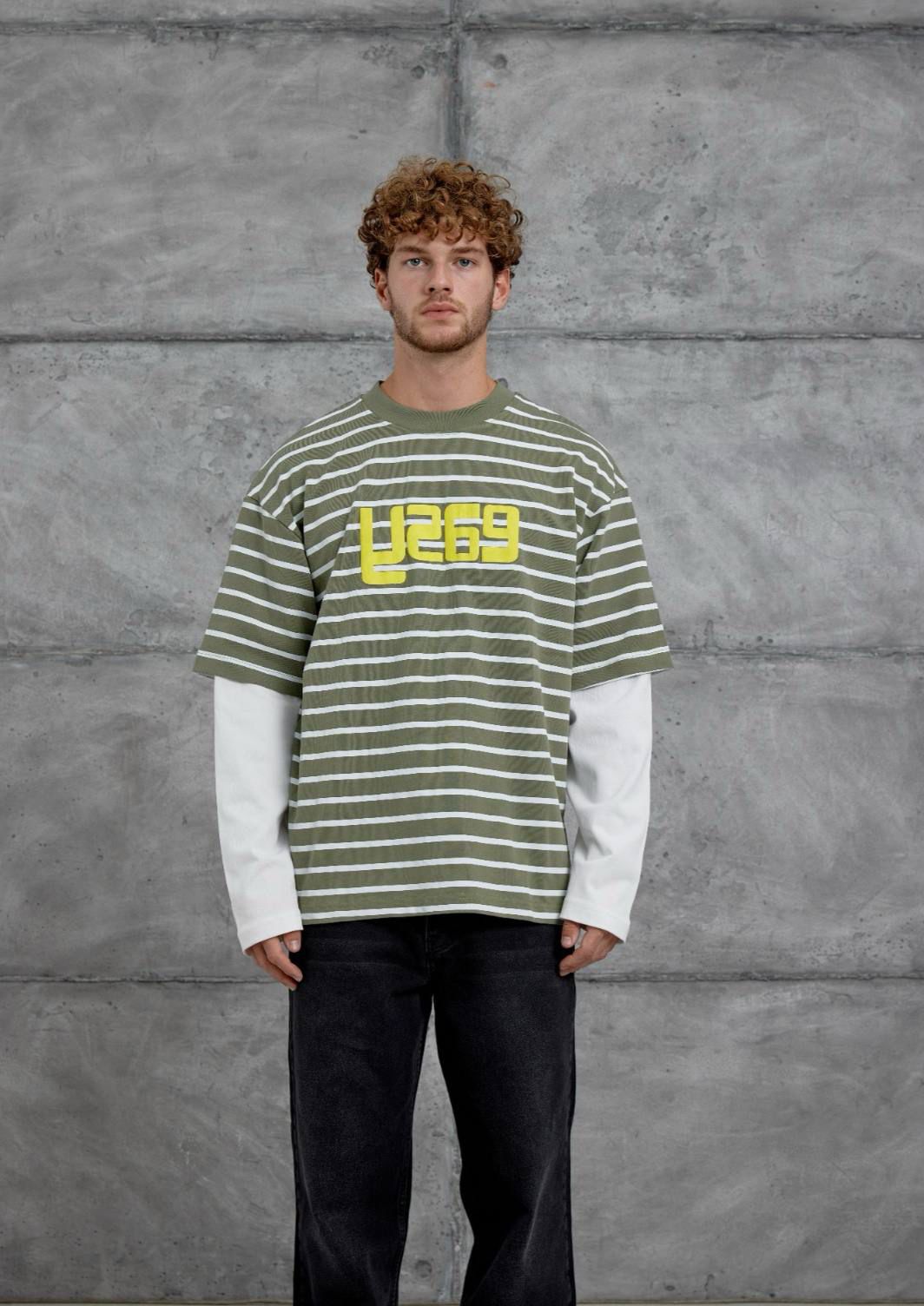 GREEN STRIPED WHITE-SLEEVE SWEATSHIRT