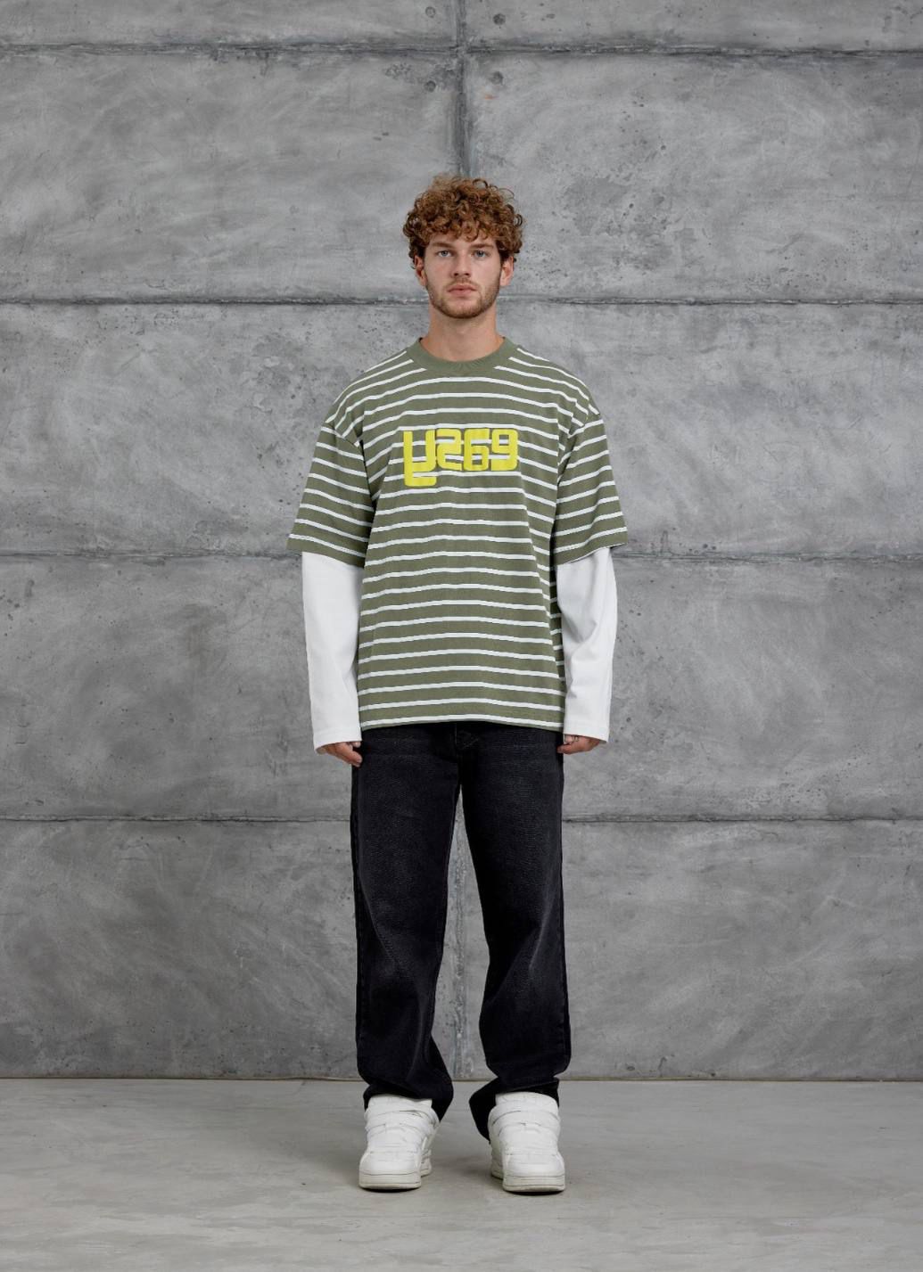 GREEN STRIPED WHITE-SLEEVE SWEATSHIRT