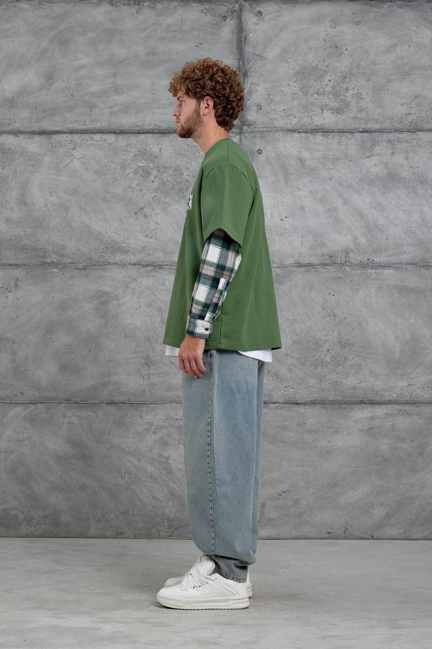 OLIVE GREEN CHECK-SLEEVE SWEATSHIRT
