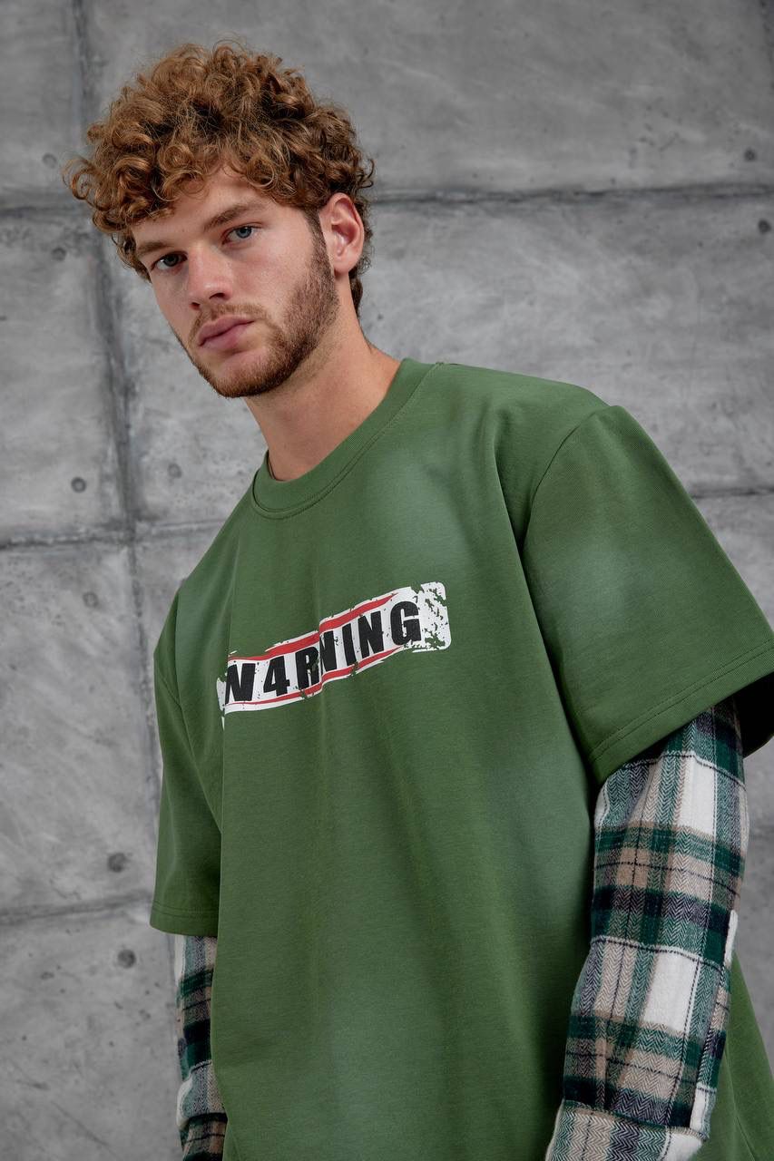 OLIVE GREEN CHECK-SLEEVE SWEATSHIRT