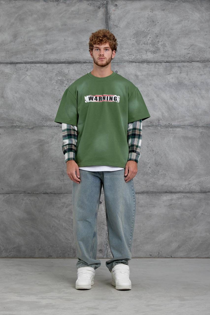 OLIVE GREEN CHECK-SLEEVE SWEATSHIRT