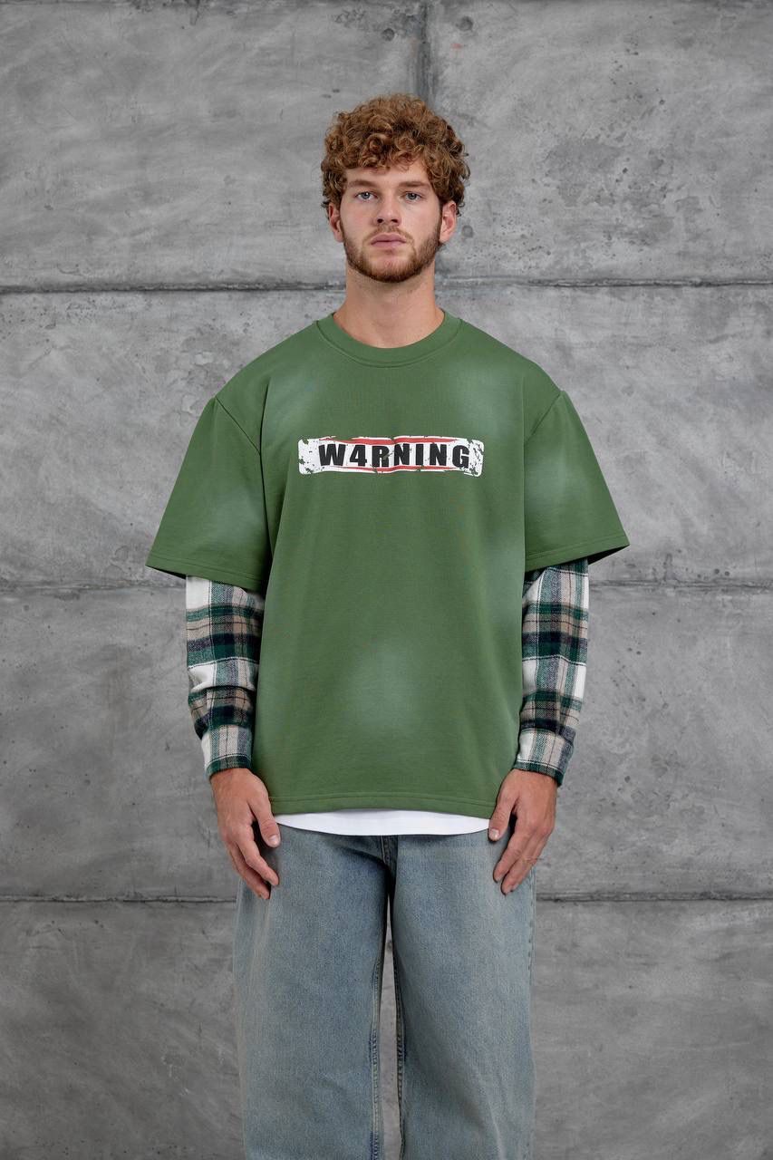 OLIVE GREEN CHECK-SLEEVE SWEATSHIRT