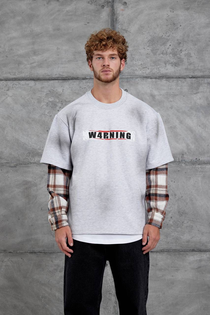 GREY CHECK-SLEEVE SWEATSHIRT