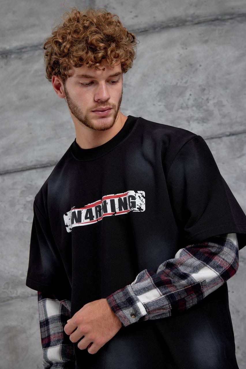 BLACK CHECK-SLEEVE SWEATSHIRT