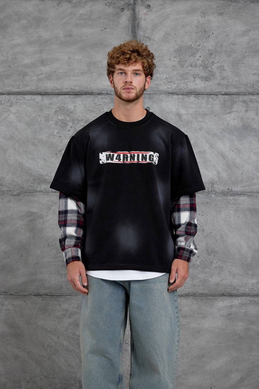 BLACK CHECK-SLEEVE SWEATSHIRT