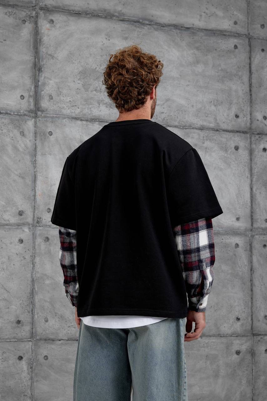 BLACK CHECK-SLEEVE SWEATSHIRT