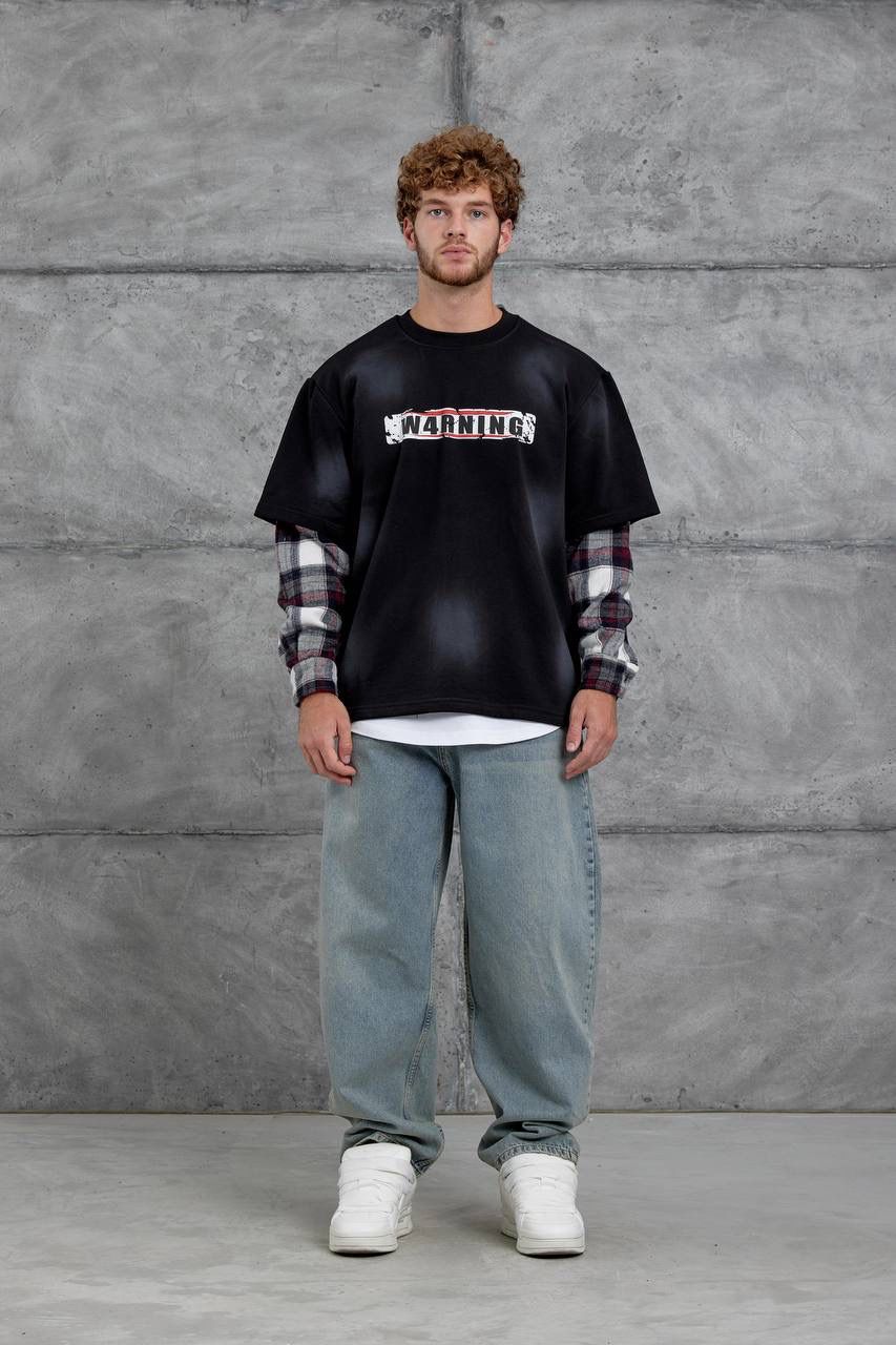 BLACK CHECK-SLEEVE SWEATSHIRT