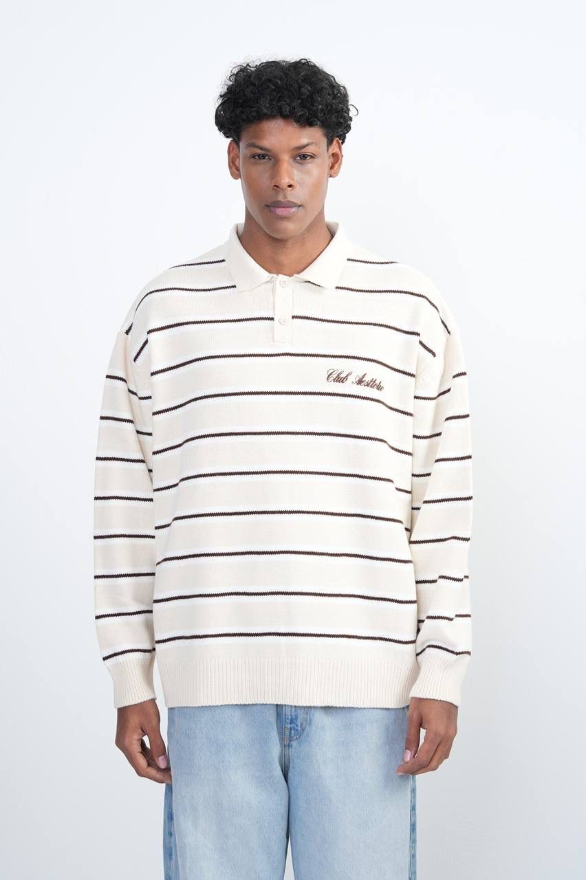 CREAM STRIPED KNIT POLO SWEATER