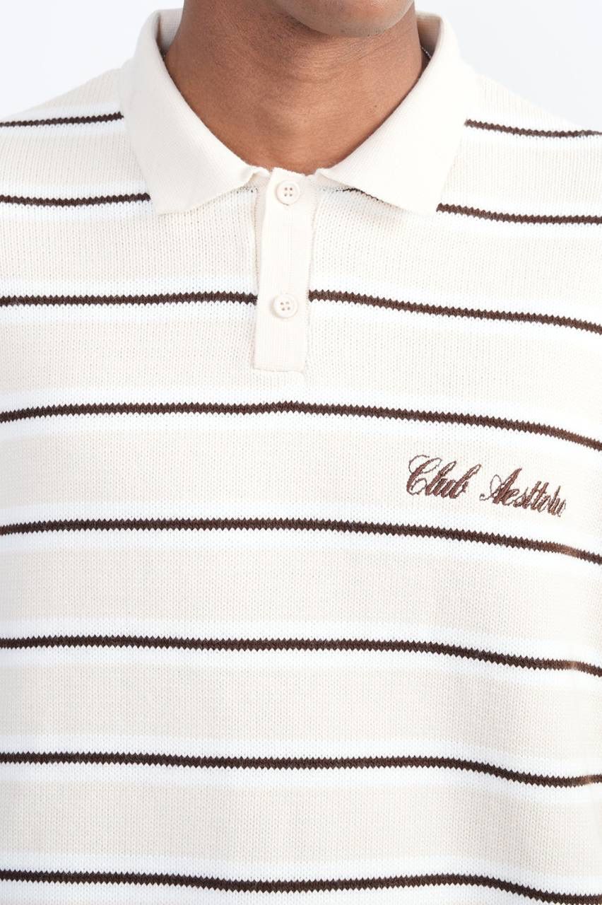 CREAM STRIPED KNIT POLO SWEATER