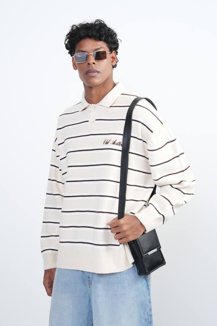 CREAM STRIPED KNIT POLO SWEATER