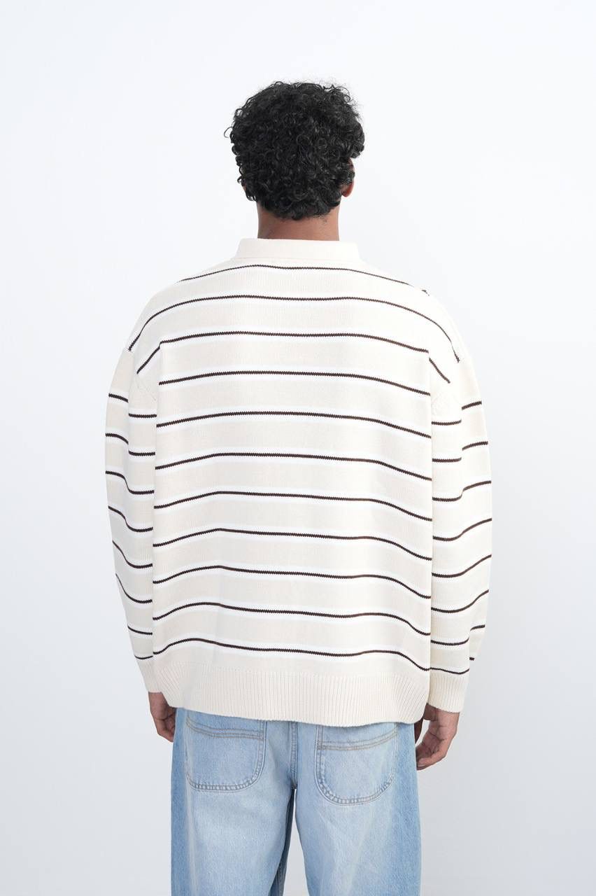 CREAM STRIPED KNIT POLO SWEATER