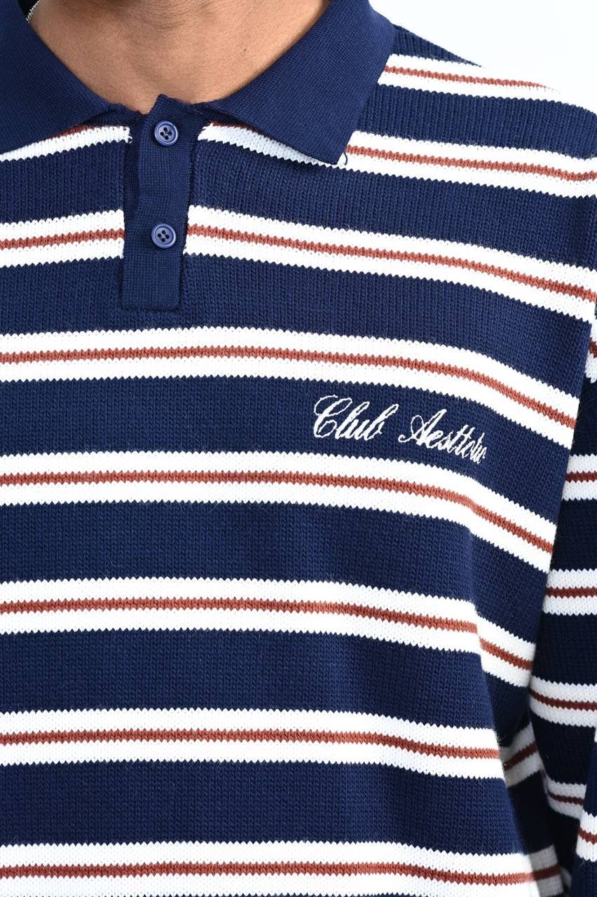 NAVY STRIPED KNIT POLO SWEATER
