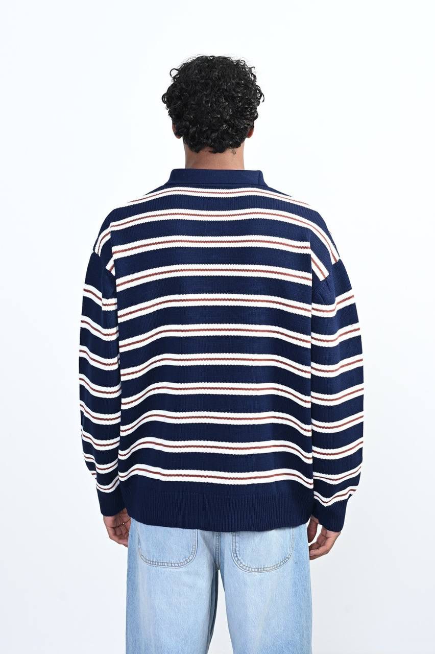 NAVY STRIPED KNIT POLO SWEATER