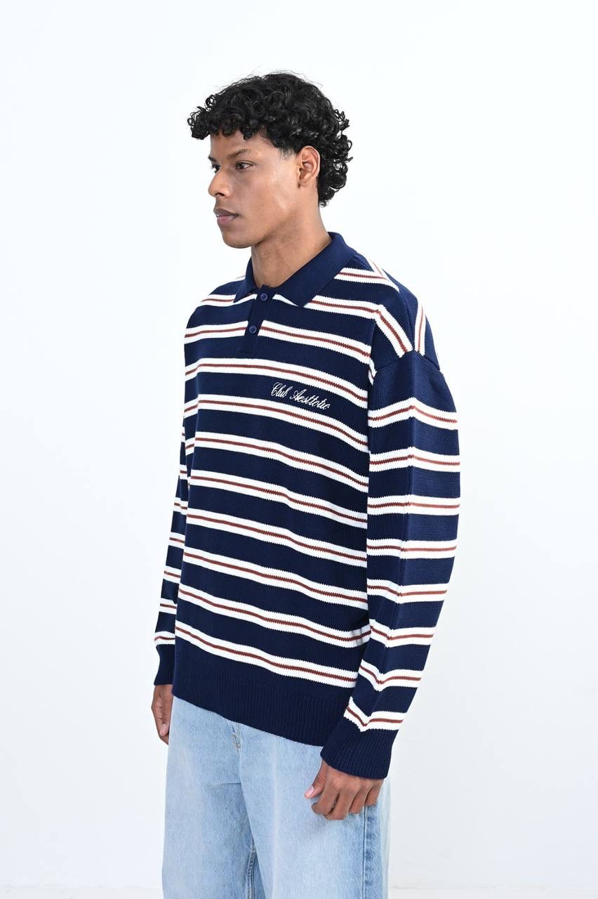 NAVY STRIPED KNIT POLO SWEATER
