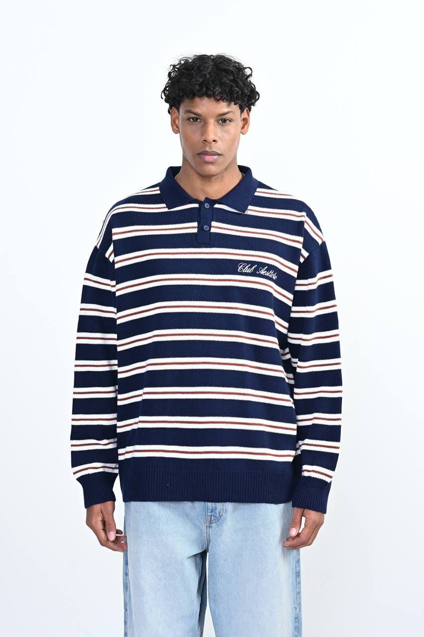NAVY STRIPED KNIT POLO SWEATER