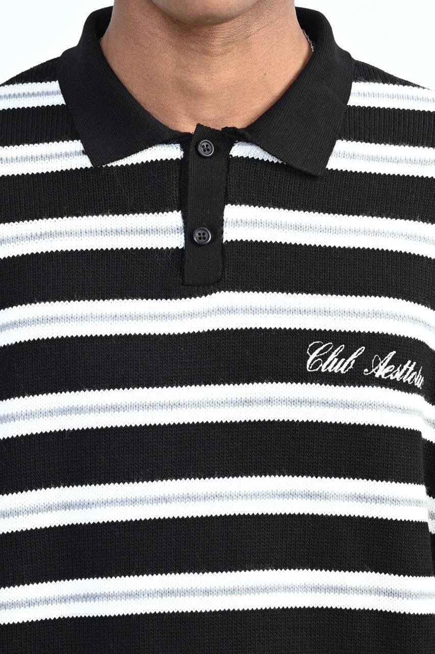 BLACK STRIPED KNIT POLO SWEATER