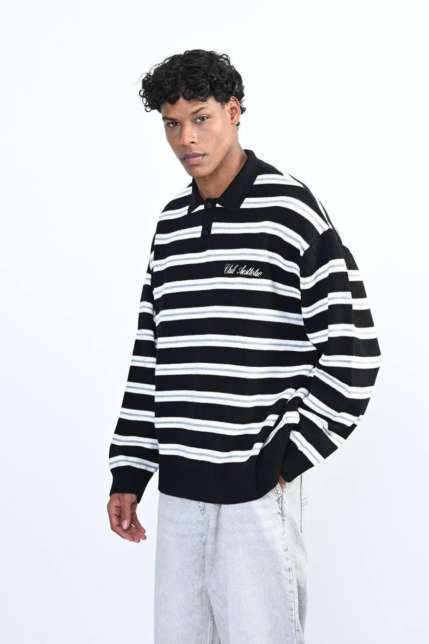 BLACK STRIPED KNIT POLO SWEATER