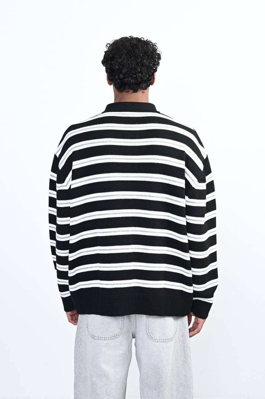 BLACK STRIPED KNIT POLO SWEATER