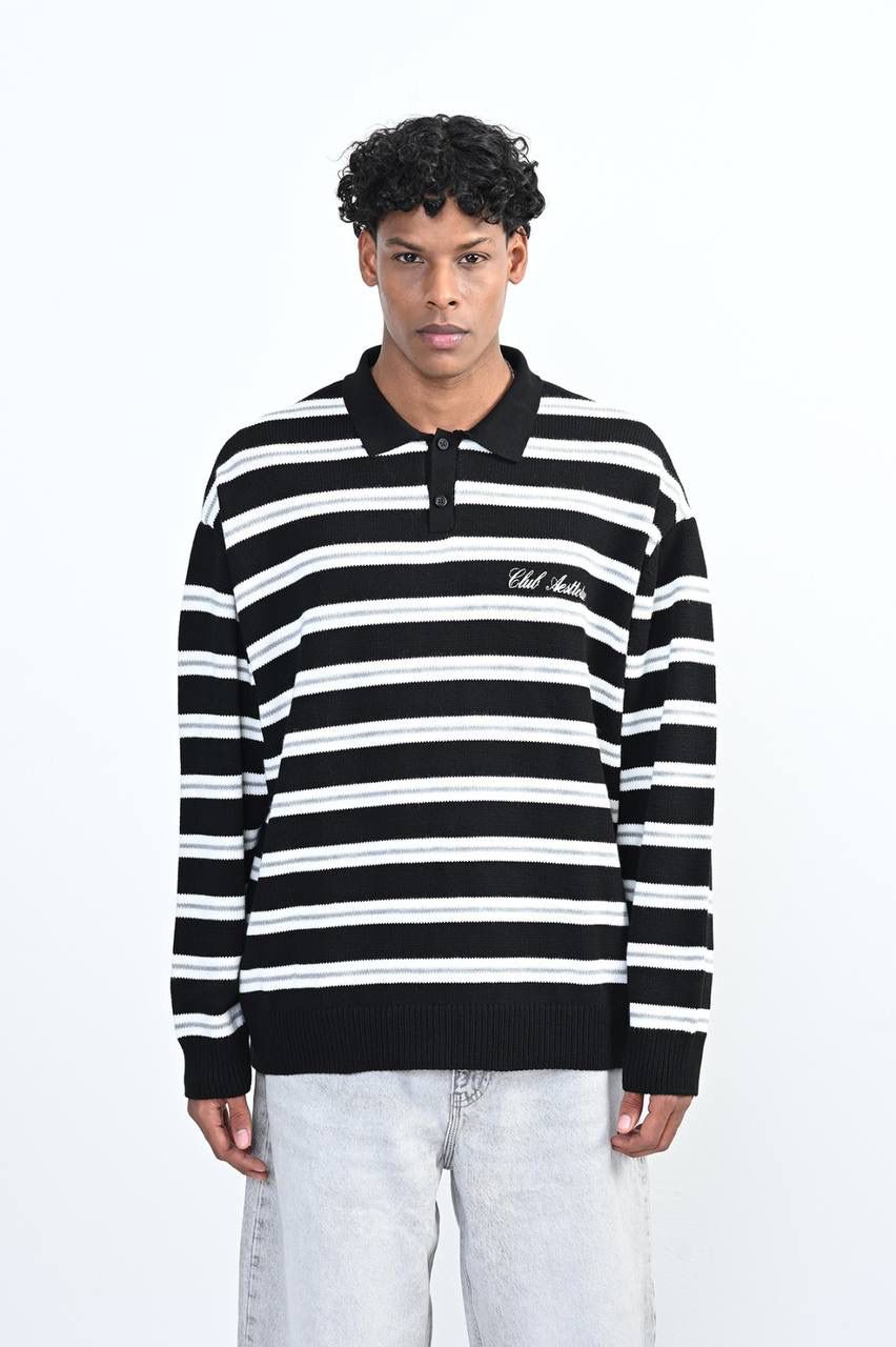 BLACK STRIPED KNIT POLO SWEATER