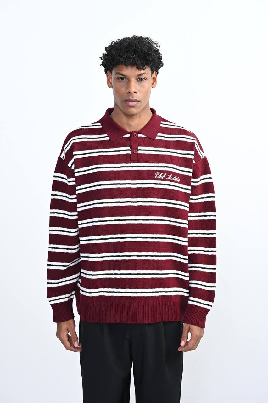 BURGUNDY STRIPED KNIT POLO SWEATER