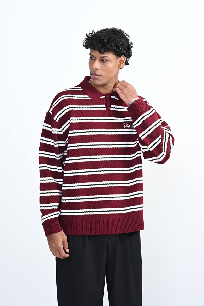 BURGUNDY STRIPED KNIT POLO SWEATER