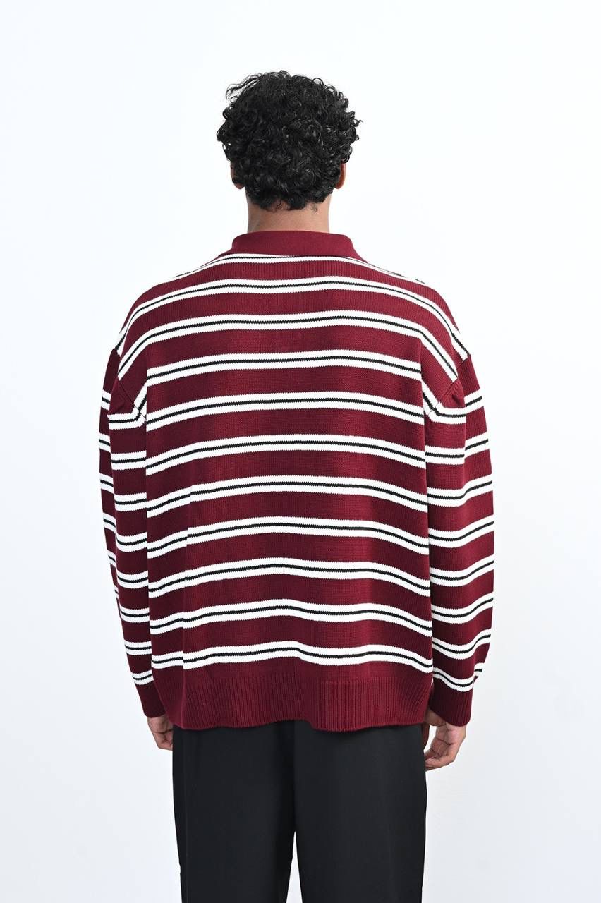 BURGUNDY STRIPED KNIT POLO SWEATER