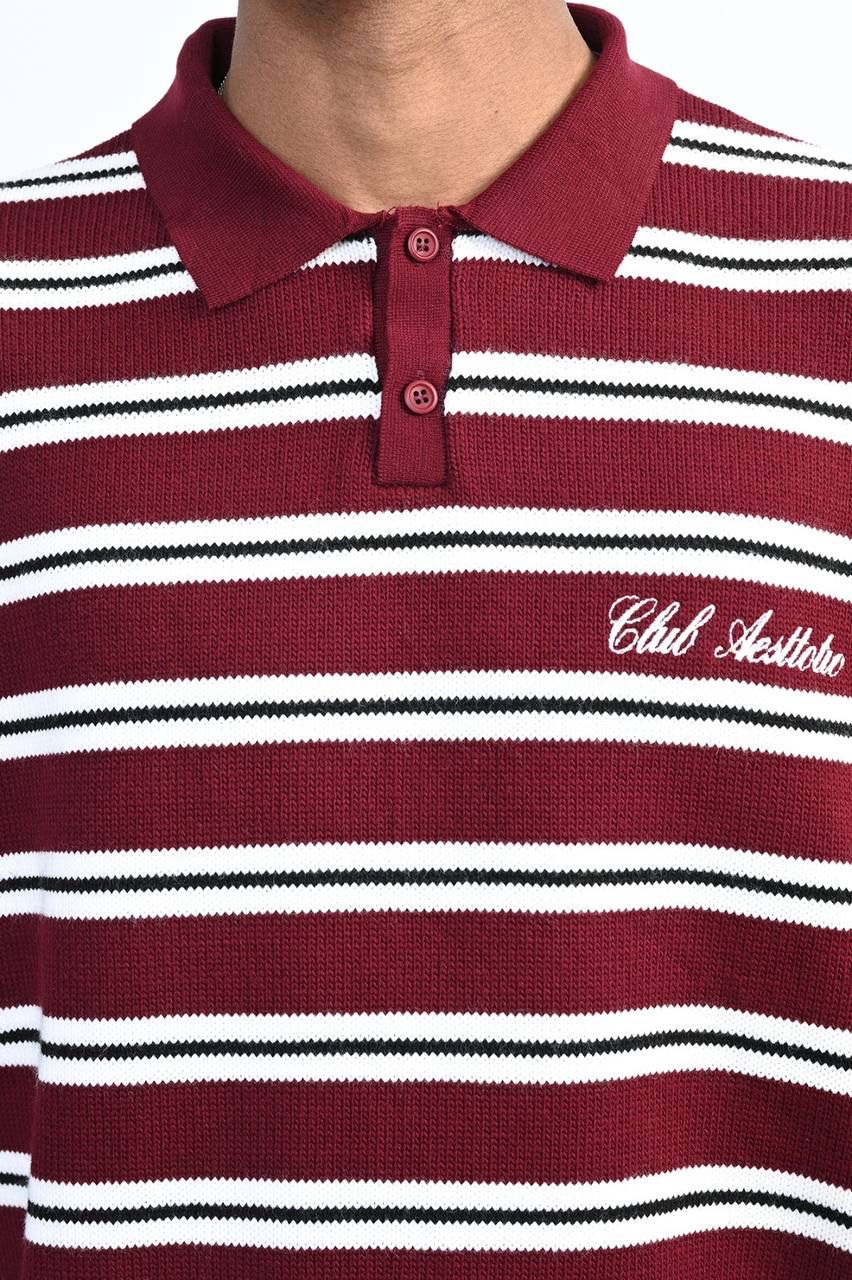 BURGUNDY STRIPED KNIT POLO SWEATER