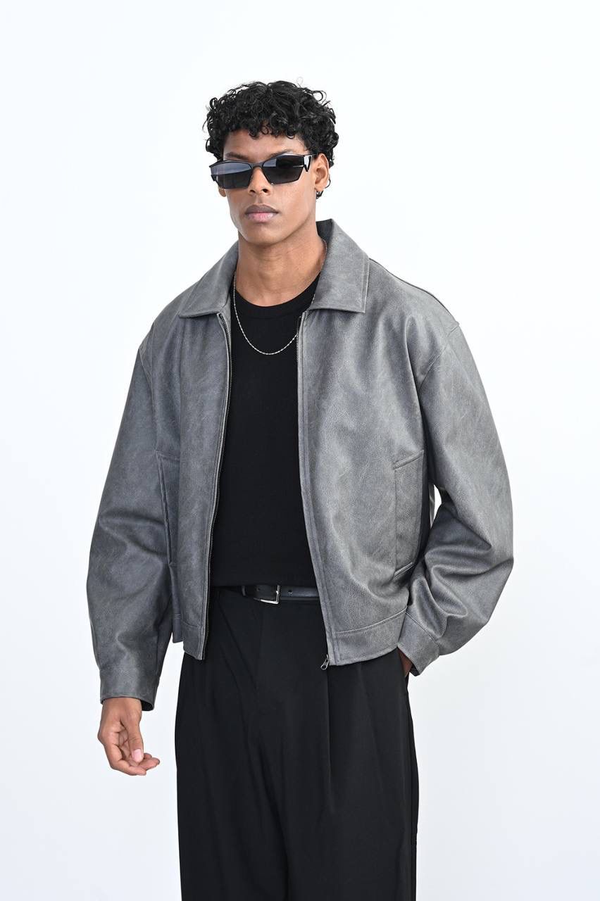 WASHED GREY ZIP-UP BOMBER JACKET