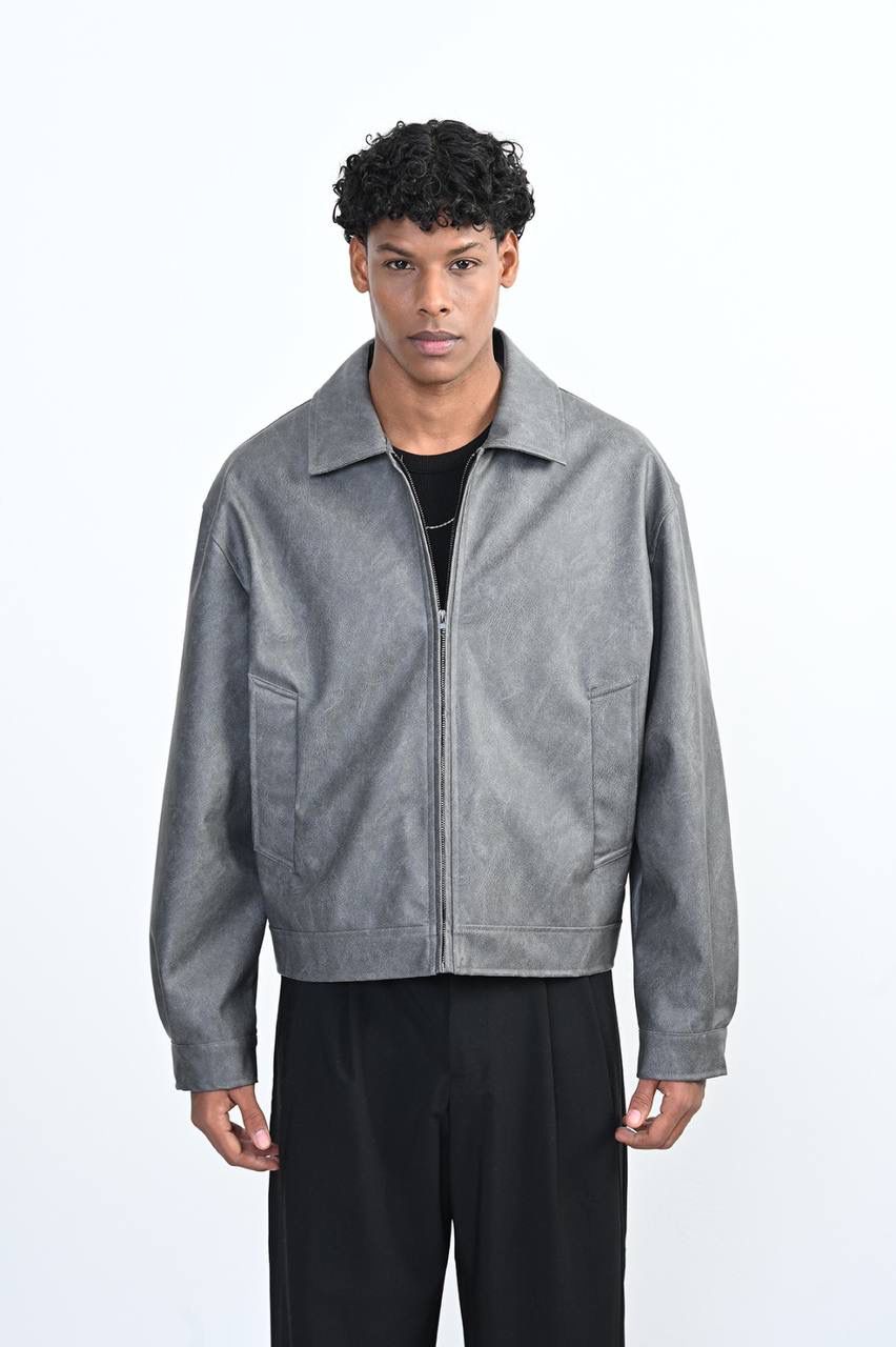 WASHED GREY ZIP-UP BOMBER JACKET