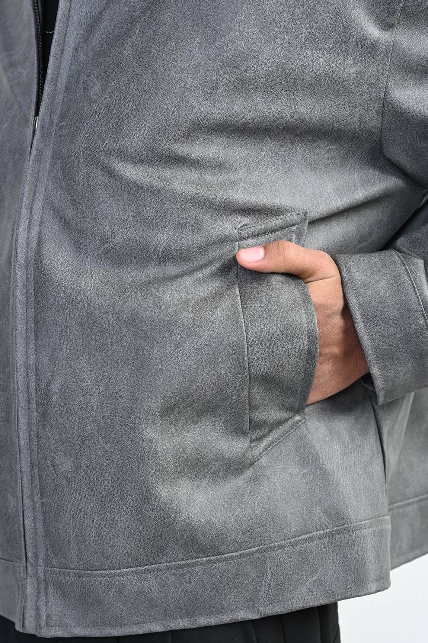 WASHED GREY ZIP-UP BOMBER JACKET