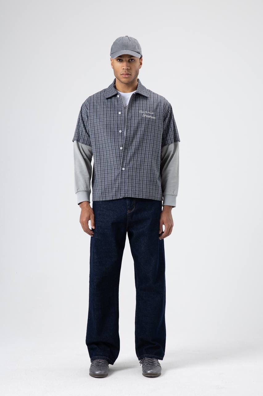 DARK BLUE CHECKERED SHORT-SLEEVE SHIRT