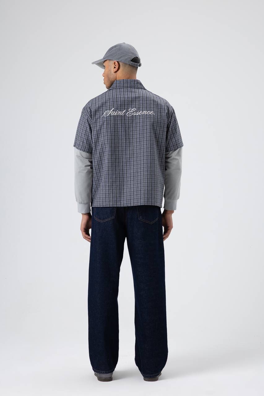 DARK BLUE CHECKERED SHORT-SLEEVE SHIRT