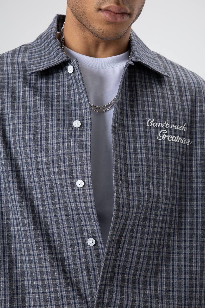 DARK BLUE CHECKERED SHORT-SLEEVE SHIRT