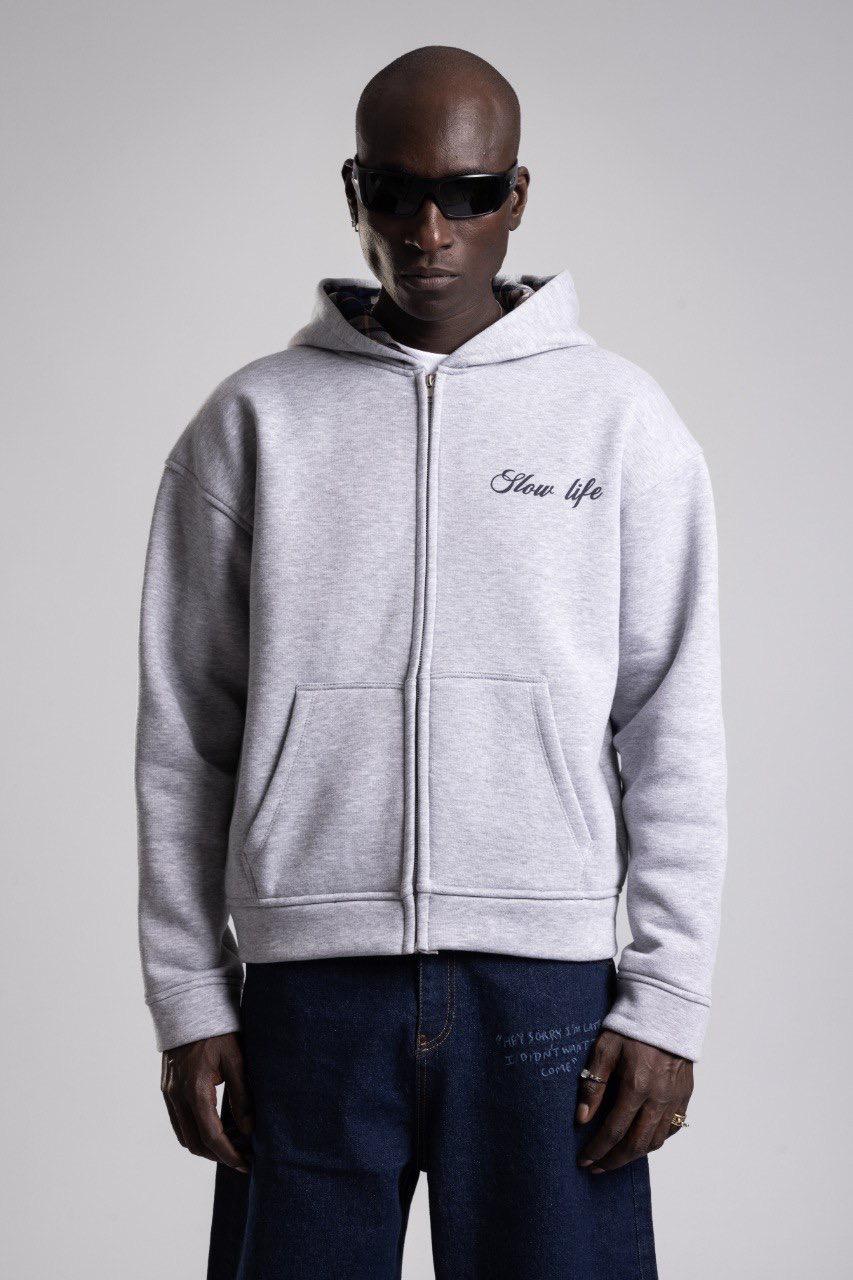 GREY 'SLOW LIFE' ZIP HOODIE