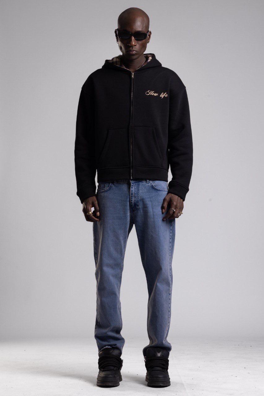 BLACK 'SLOW LIFE' ZIP HOODIE